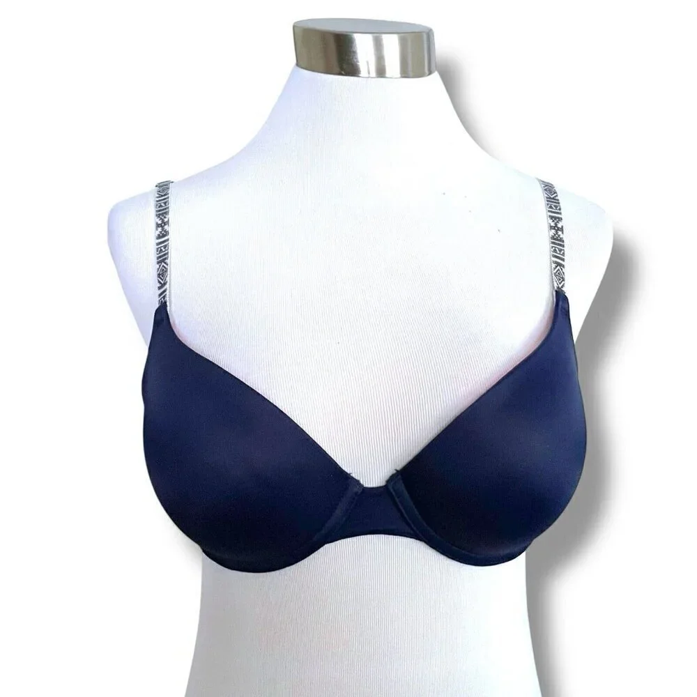 PINK Victorias Secret 32D Bra Navy Blue Wear Everywhere Push Up Underwire Padded